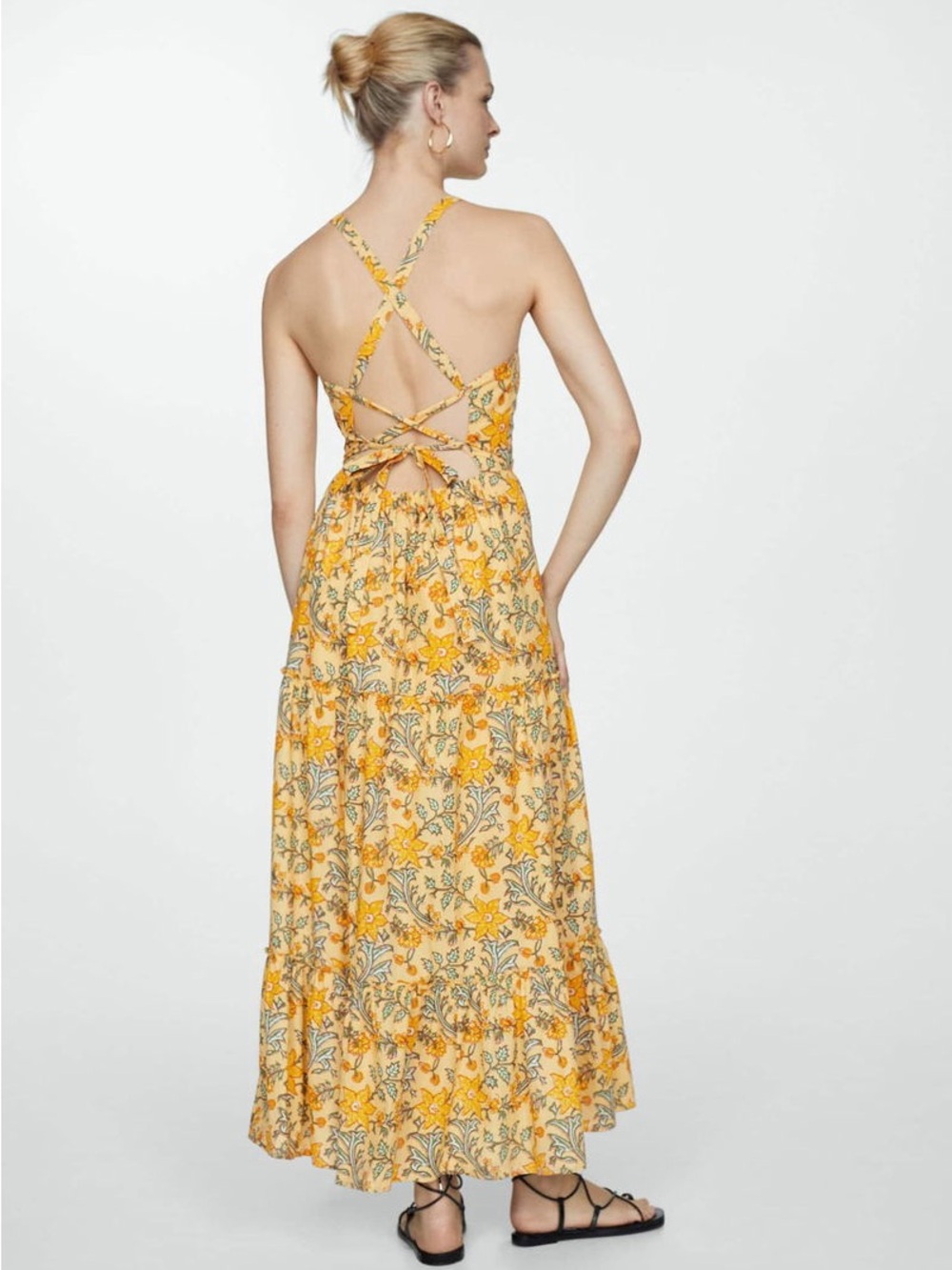 Mango Halter Neck Lace-Up Back Tiered Floral Maxi Dress in Yellow